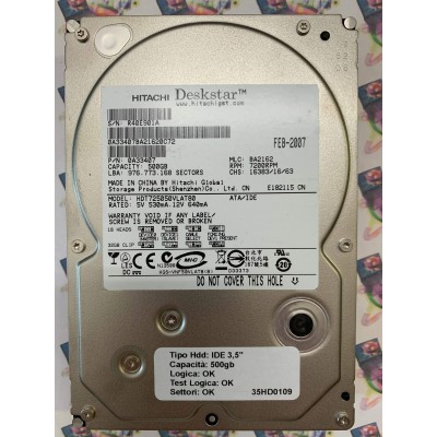 Hard Disk Usato Funzionante 100% Ok IDE 3,5" 500Gb HITACHI HDT725050VLAT80 0A33407 BA2162 16383/16/63
