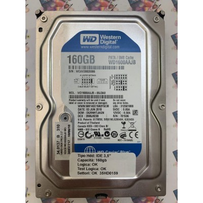 Hard Disk Usato Funzionante 100% Ok IDE 3,5" 160gb WESTERN DIGITAL WD1600AAJB WD1600AAJB-00J3A0 DGRNHTJAGN 06 JUN 2010