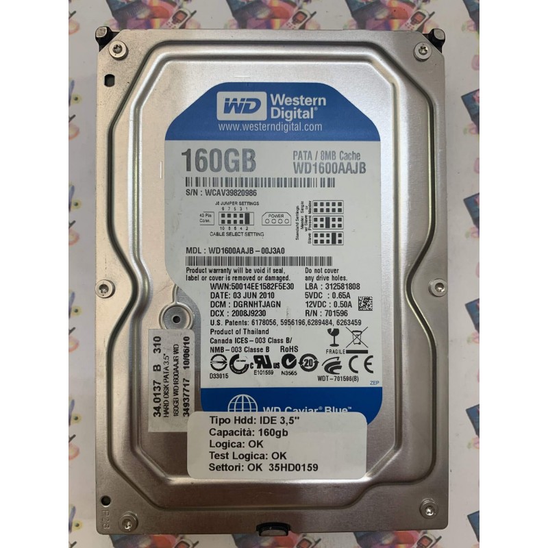 Hard Disk Usato Funzionante 100% Ok IDE 3,5" 160gb WESTERN DIGITAL WD1600AAJB WD1600AAJB-00J3A0 DGRNHTJAGN 06 JUN 2010