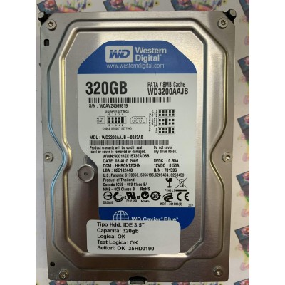Hard Disk Usato Funzionante 100% Ok IDE 3,5" 320gb WESTERN DIGITAL WD3200AAJB WD3200AAJB-00J3A0 HHRCNT2CHN 08 AUG 2009
