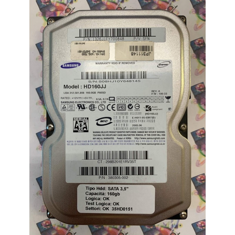 Hard Disk Usato Funzionante 100% Ok SATA 3,5" 160Gb SAMSUNG HD160JJ 380305-002 100-33 A 2005.06