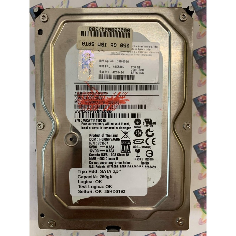 Hard Disk Usato Funzionante 100% Ok SATA 3,5" 250gb IBM WD2502ABYS-23B7A0 HRGNHVJABN 04 OCT 2008