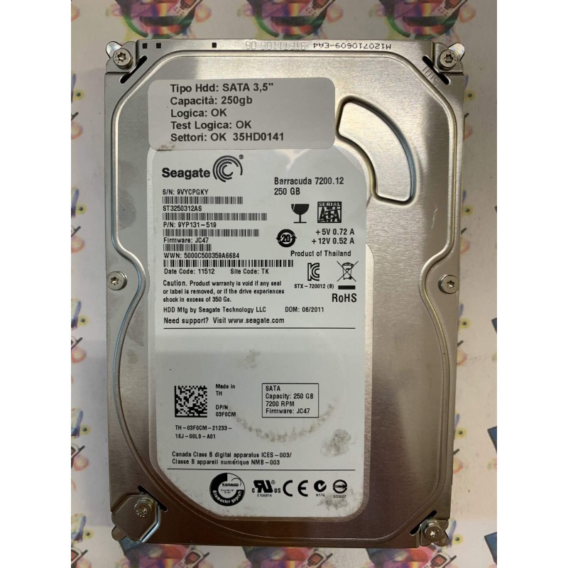 Hard Disk Usato Funzionante 100% Ok SATA 3,5" 250Gb SEAGATE ST3250312AS 9YP131-519 JC47 11512 TK 5000C500359A6684