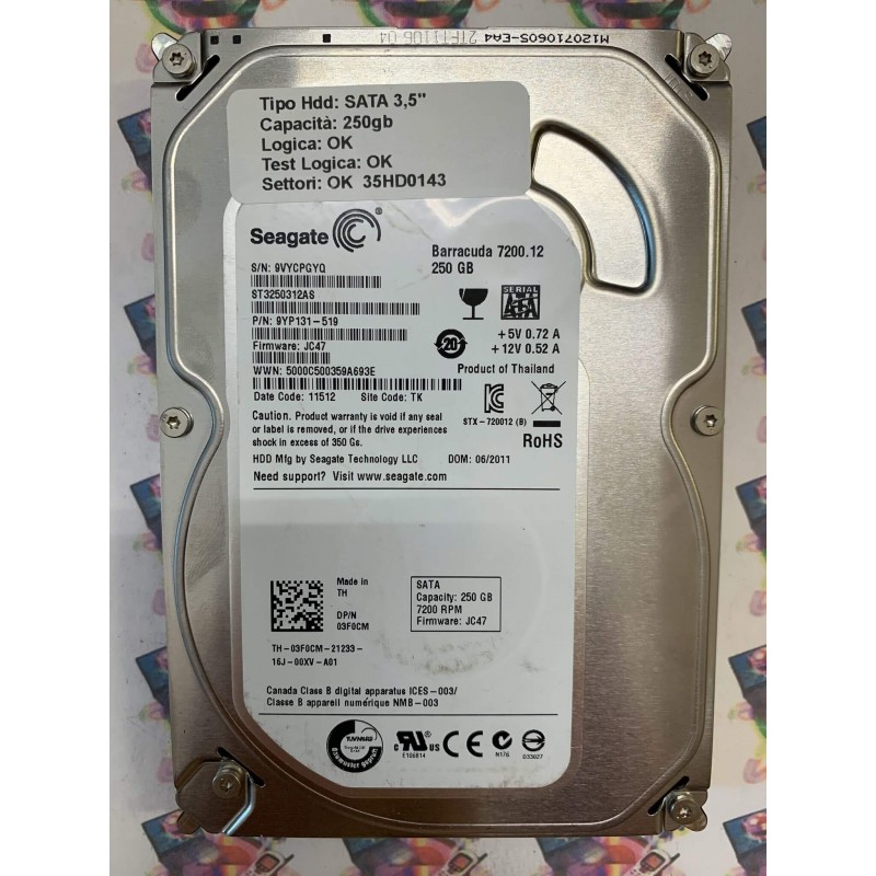 Hard Disk Usato Funzionante 100% Ok SATA 3,5" 250Gb SEAGATE ST3250312AS 9YP131-519 JC47 11512 TK 5000C500359A693E
