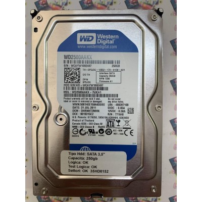 Hard Disk Usato Funzionante 100% Ok SATA 3,5" 250Gb WESTERN DIGITAL WD2500AAKX WD2500AAKX-753CA1 DHRNHT2MHN A1
