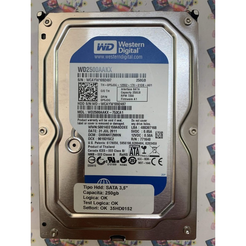Hard Disk Usato Funzionante 100% Ok SATA 3,5" 250Gb WESTERN DIGITAL WD2500AAKX WD2500AAKX-753CA1 DHRNHT2MHN A1