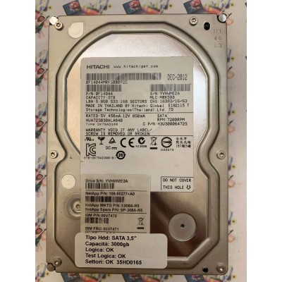 Hard Disk Usato Funzionante 100% Ok SATA 3,5" 3000gb HITACHI HUA723030ALA640 0F14044 MRK5BB DIC 2012