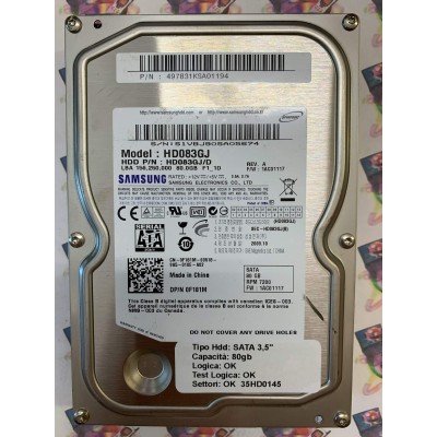 Hard Disk Usato Funzionante 100% Ok SATA 3,5" 80Gb SAMSUNG HD083GJ 1AC01117 2009.10
