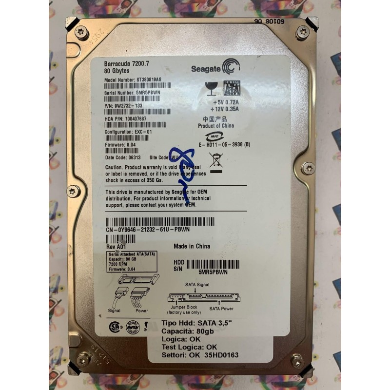 Hard Disk Usato Funzionante 100% Ok SATA 3,5" 80gb SEAGATE ST380819AS 9W2732-133 8.04 06313 WU