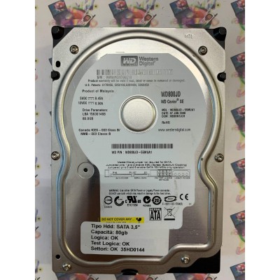 Hard Disk Usato Funzionante 100% Ok SATA 3,5" 80Gb WESTERN DIGITAL WD800JD WD800JD-55MUA1 HBBHNTJCH 07 JAN 2008