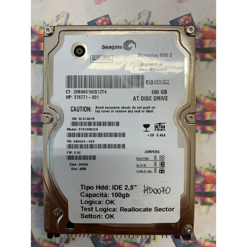 Hard Disk Usato Semifunzionante IDE 2,5" 100GB SEAGATE ST9100822A 9AH234-020 3.02 06056 AMK