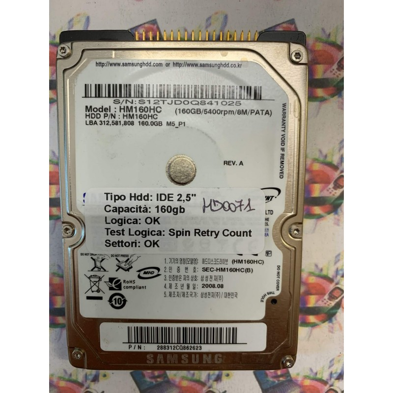 Hard Disk Usato Semifunzionante IDE 2,5" 160GB SAMSUNG HM160HC 288312CQ862623 2008.08