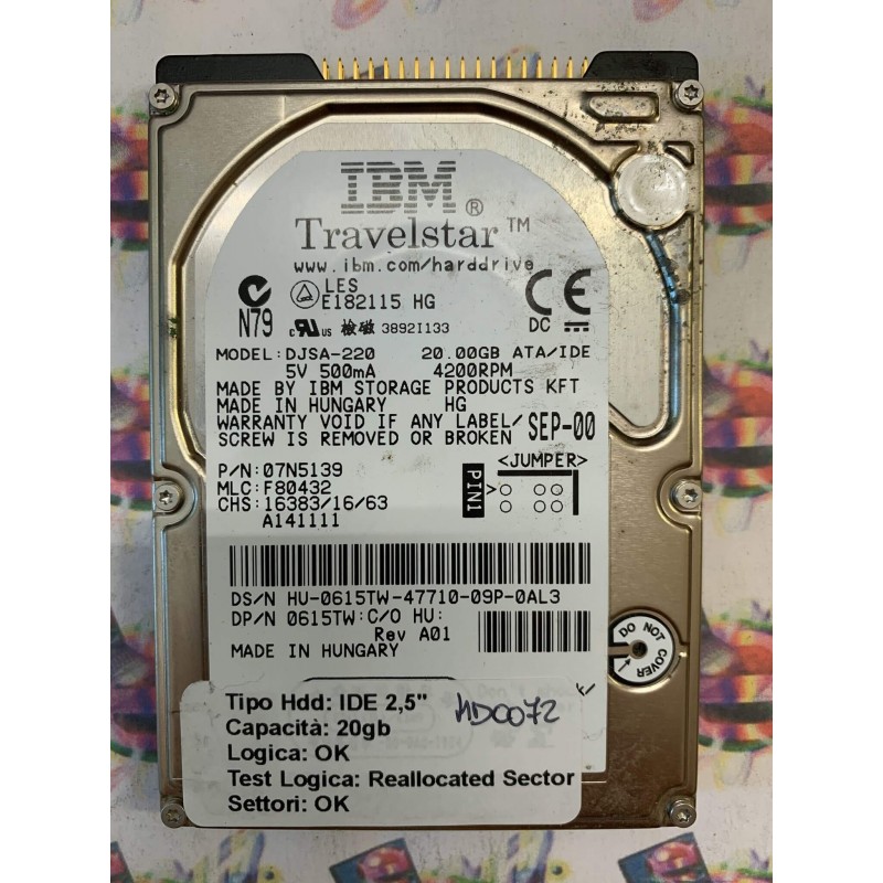 Hard Disk Usato Semifunzionante IDE 2,5" 20GB IBM DJSA-220 07N5139 F80432 A141111 SEP-00