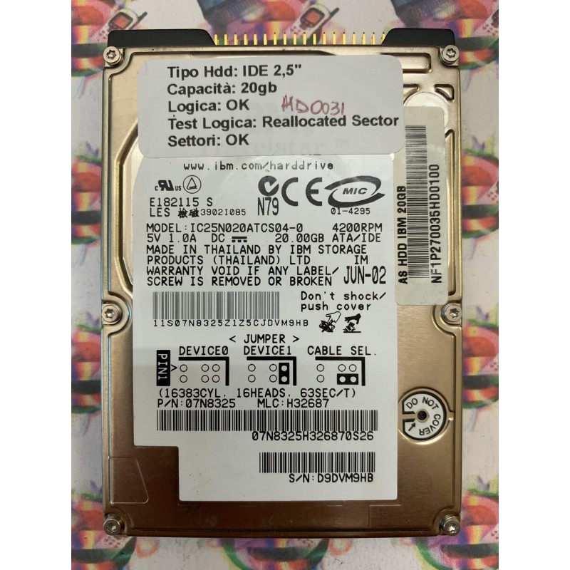 Hard Disk Usato Semifunzionante IDE 2,5" 20GB IBM IC25N020ATCS04-0 07N8325 H32687
