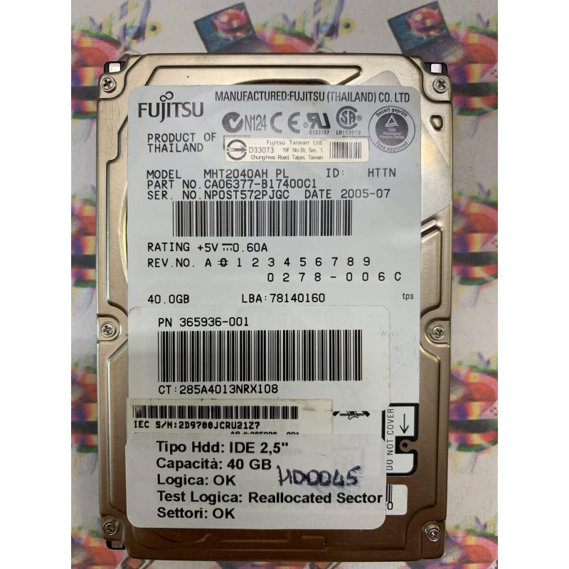 Hard Disk Usato Semifunzionante IDE 2,5" 40GB FUJITSU MHT2040AH CA06377-B17400C1 2005-07