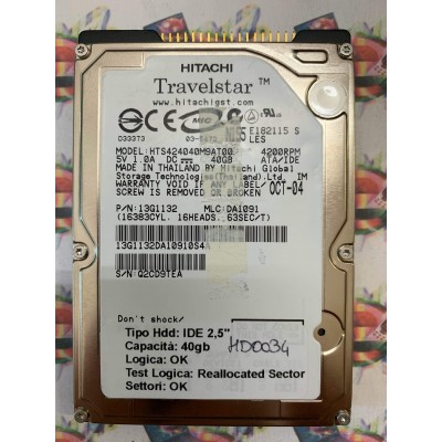 Hard Disk Usato Semifunzionante IDE 2,5" 40GB HITACHI HTS424040M9AT00 13G1132 DA1091 OCT 04