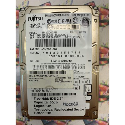 Hard Disk Usato Semifunzionante IDE 2,5" 60GB FUJITSU MHV2060AH CA06531-B22200C1 2005-10