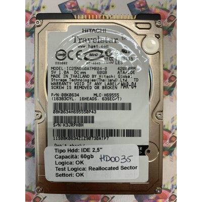 Hard Disk Usato Semifunzionante IDE 2,5" 60GB HITACHI IC25N060ATMR04-0 08K0634 H69555 MAR 04
