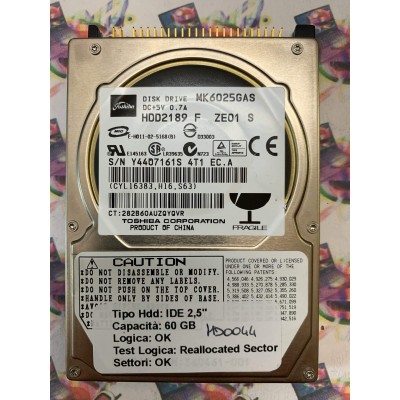 Hard Disk Usato Semifunzionante IDE 2,5" 60GB TOSHIBA MK6025GAS HDD2189 F ZE01 S
