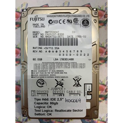 Hard Disk Usato Semifunzionante IDE 2,5" 80GB FUJITSU MHT2080AT CA06297-B308 2005-02
