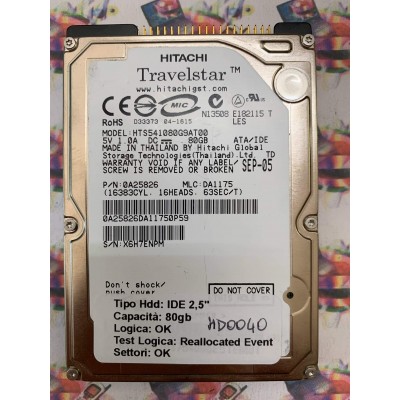 Hard Disk Usato Semifunzionante IDE 2,5" 80GB HITACHI HTS541080G9AT00 0A25826 DA1175 SEP-05