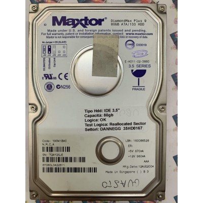 Hard Disk Usato Semifunzionante IDE 3,5" 80gb MAXTOR 6Y080L0422611 YAR41BW0 12 AUG 2004