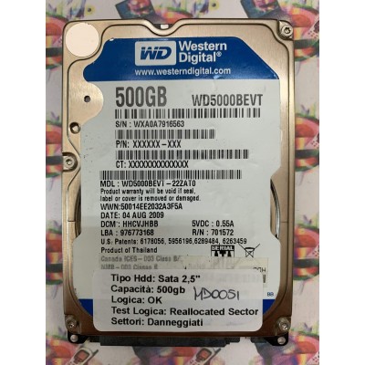 Hard Disk Usato Semifunzionante SATA 2,5" 500GB WESTERN DIGITAL WD5000BEVT WD5000BEVT-22ZAT0 HHCVJHBB 04 AUG 2009