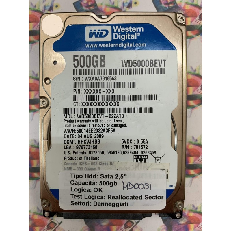 Hard Disk Usato Semifunzionante SATA 2,5" 500GB WESTERN DIGITAL WD5000BEVT WD5000BEVT-22ZAT0 HHCVJHBB 04 AUG 2009