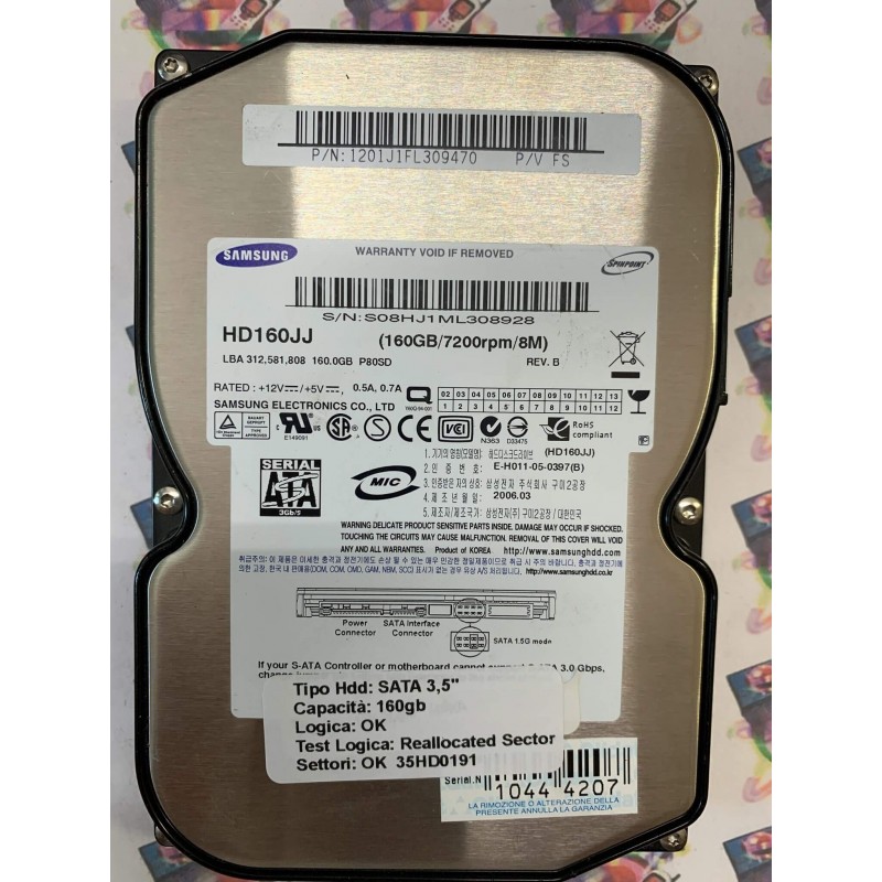 Hard Disk Usato Semifunzionante SATA 3,5" 160gb SAMSUNG HD160JJ 1201J1FL309470 2006.03