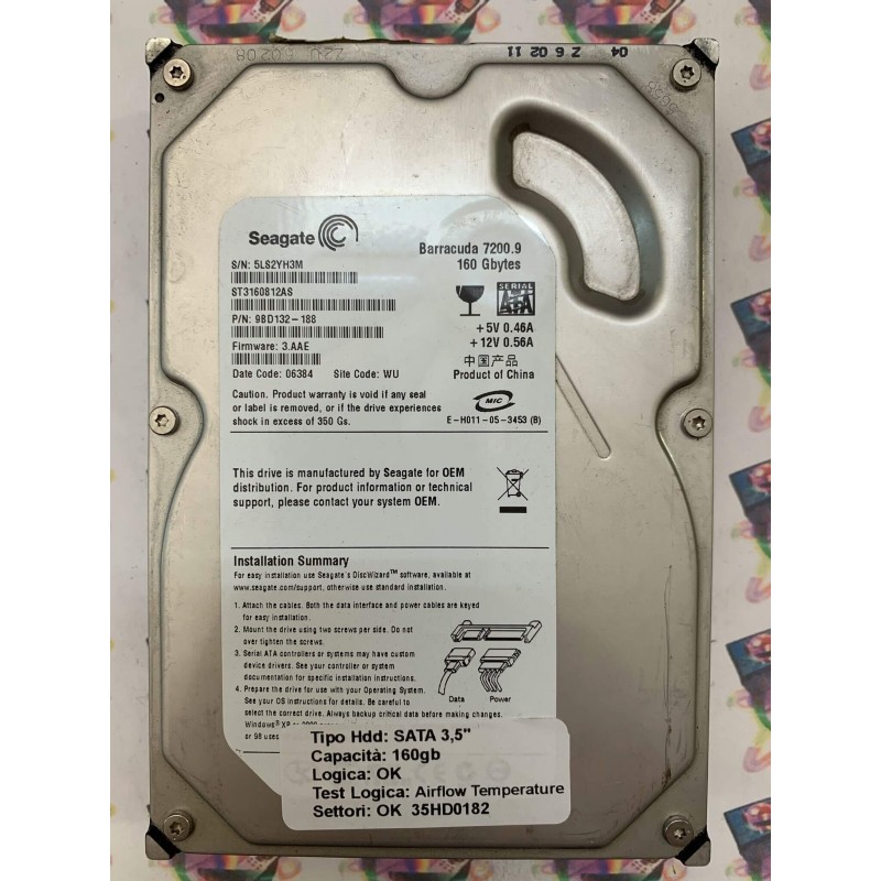 Hard Disk Usato Semifunzionante SATA 3,5" 160gb SEAGATE ST3160812AS 9BD132-188 3.AAE 06384 WU