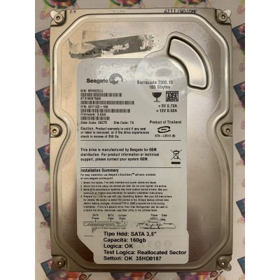 Hard Disk Usato Semifunzionante SATA 3,5" 160gb SEAGATE ST3160815AS 9CY132-196 3.AAA 08275 TK