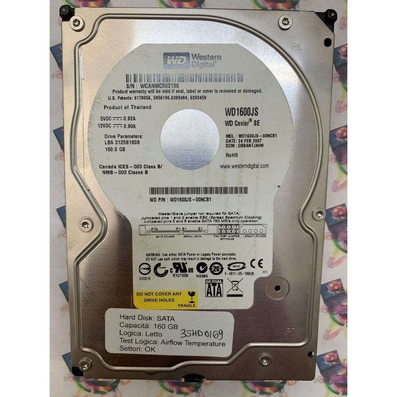 Hard Disk Usato Semifunzionante SATA 3,5" 160gb WESTERN DIGITAL WD1600JS WD1600JS-00NCB1 DBBANTJAHN 24 FEB 2007