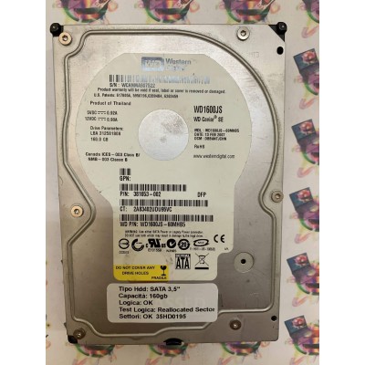 Hard Disk Usato Semifunzionante SATA 3,5" 160gb WESTERN DIGITAL WD1600JS WD1600JS-60MHB5 DBBANTJCHN 13 FEB 2007