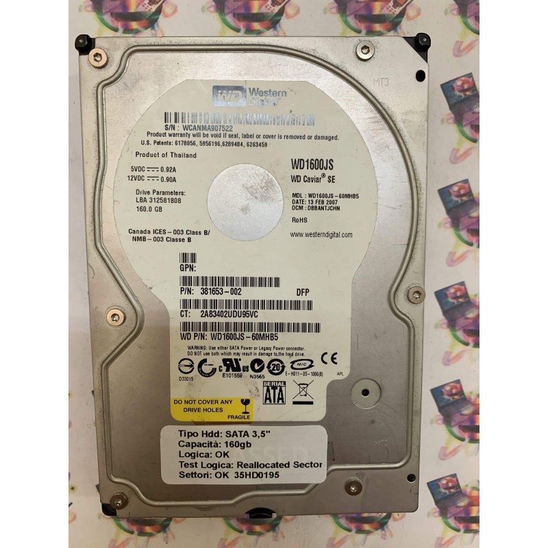 Hard Disk Usato Semifunzionante SATA 3,5" 160gb WESTERN DIGITAL WD1600JS WD1600JS-60MHB5 DBBANTJCHN 13 FEB 2007