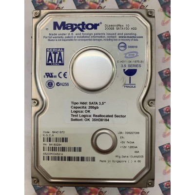 Hard Disk Usato Semifunzionante SATA 3,5" 200gb MAXTOR 6B200M004621A 398297088 BANC1B70 13JAN2005