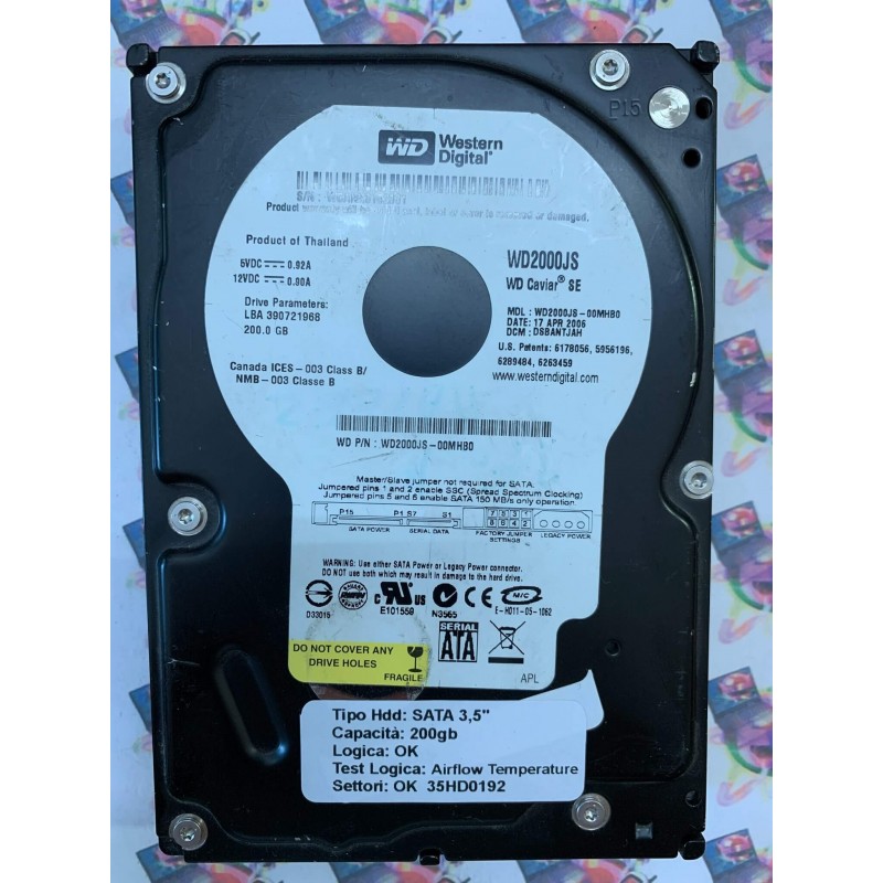 Hard Disk Usato Semifunzionante SATA 3,5" 200gb WESTERN DIGITAL WD2000JS WD2000JS-00MHB0 BSBANTJAH  17 APR 2006