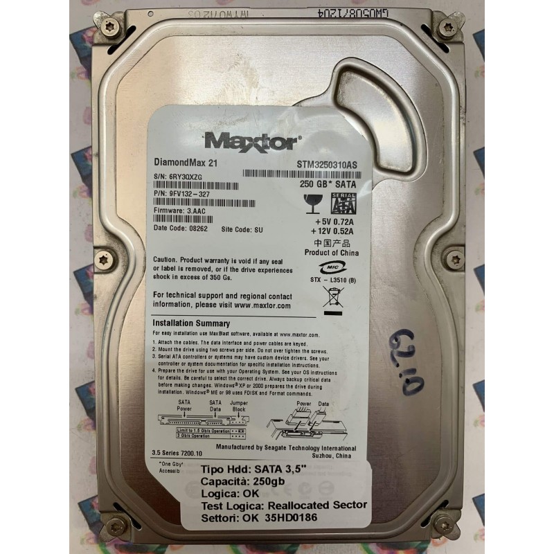 Hard Disk Usato Semifunzionante SATA 3,5" 250gb MAXTOR STM3250310AS 9FV132-327 3.AAC 08262 SU