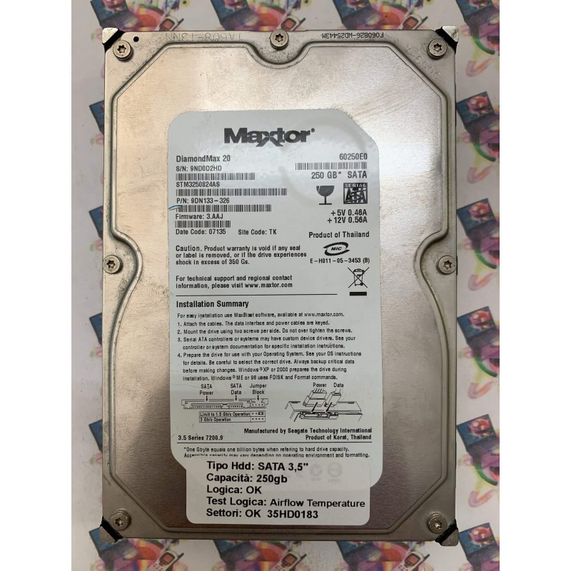 Hard Disk Usato Semifunzionante SATA 3,5" 250gb MAXTOR STM3250824AS 9DN133-326 3.AAJ 07135 TK