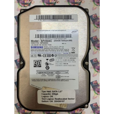 Hard Disk Usato Semifunzionante SATA 3,5" 250gb SAMSUNG SP2504C 302111FP698840 2007.06