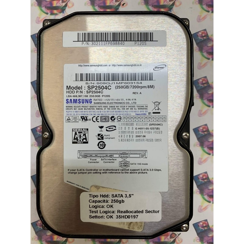 Hard Disk Usato Semifunzionante SATA 3,5" 250gb SAMSUNG SP2504C 302111FP698840 2007.06
