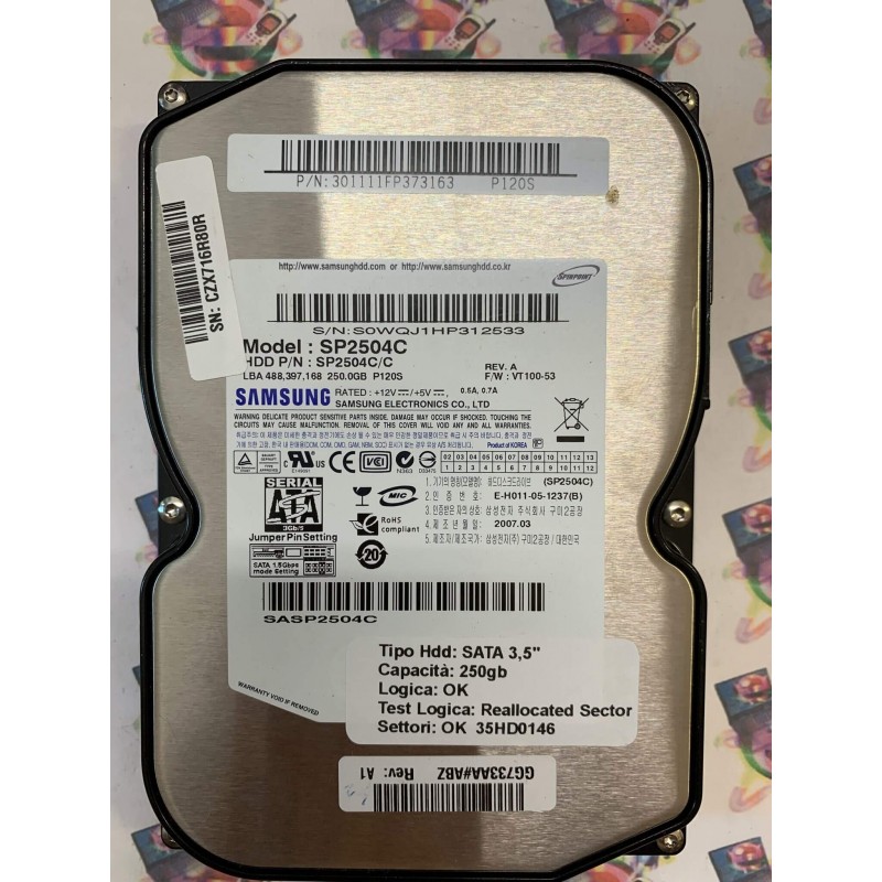 Hard Disk Usato Semifunzionante SATA 3,5" 250GB SAMSUNG SP2504C VT100-53 2007.03