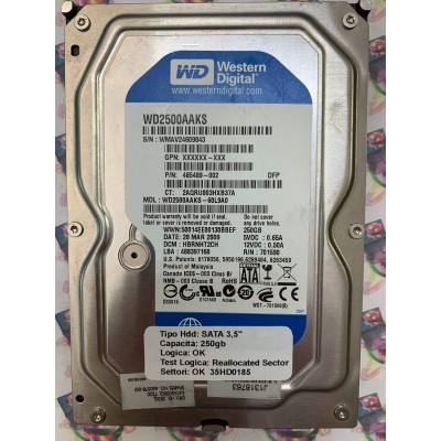 Hard Disk Usato Semifunzionante SATA 3,5" 250gb WESTERN DIGITAL WD2500AAKS WD2500AAKS-60L9A0 HBRNHT2CH 701590 28 MAR 2009