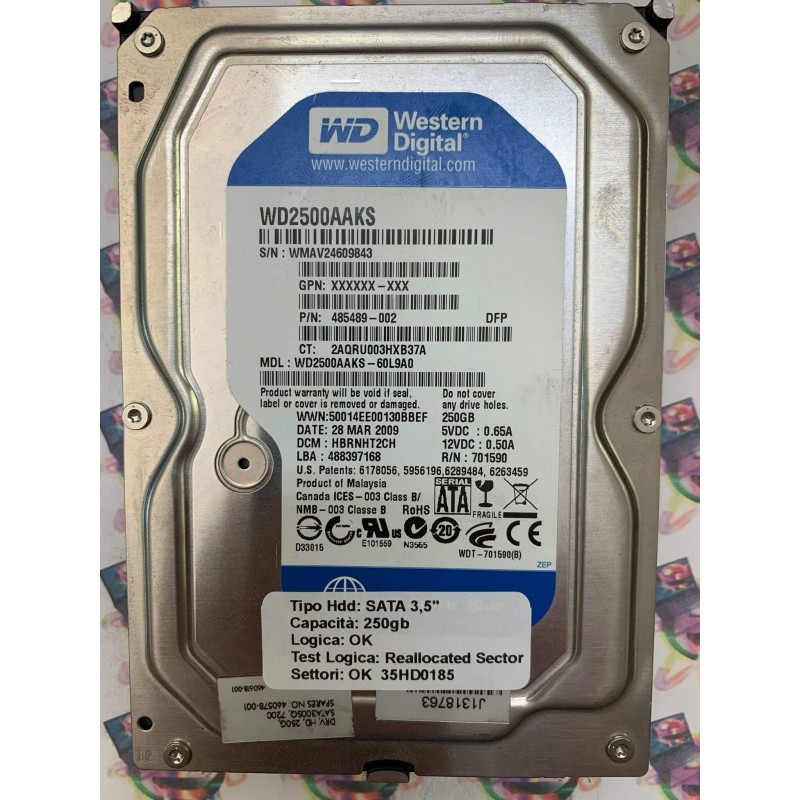 Hard Disk Usato Semifunzionante SATA 3,5" 250gb WESTERN DIGITAL WD2500AAKS WD2500AAKS-60L9A0 HBRNHT2CH 701590 28 MAR 2009