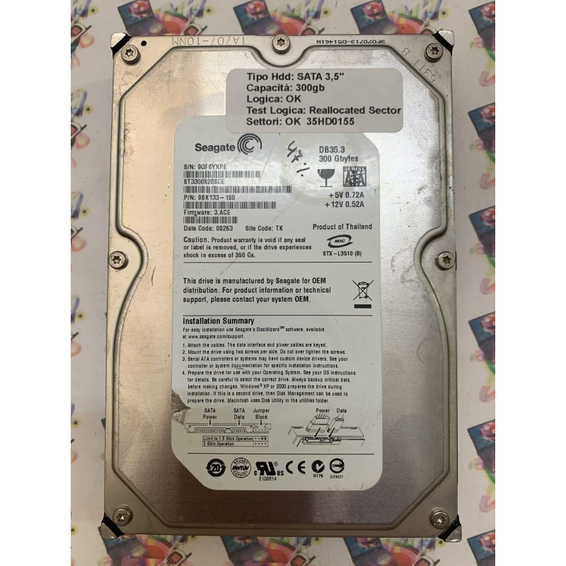 Hard Disk Usato Semifunzionante SATA 3,5" 300Gb SEAGATE ST3300820SCE 9BK133-180 3.ACE 08263 TK
