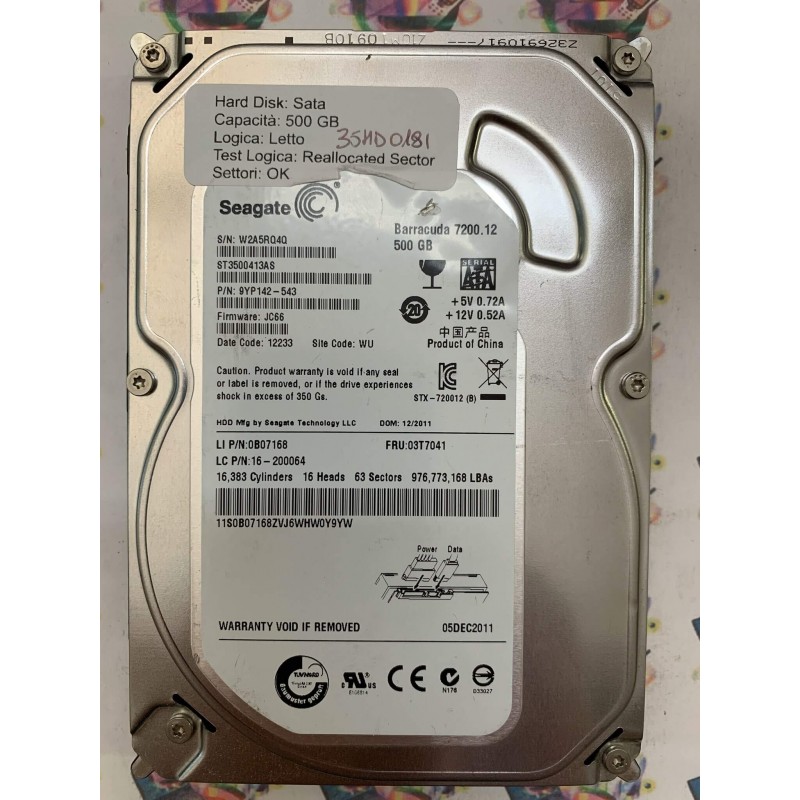 Hard Disk Usato Semifunzionante SATA 3,5" 500gb SEAGATE ST3500413AS 9YP142-543 JC66 12233 WU