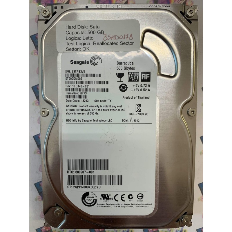 Hard Disk Usato Semifunzionante SATA 3,5" 500gb SEAGATE ST500DM002 18D142-021 HP73 13213 TK