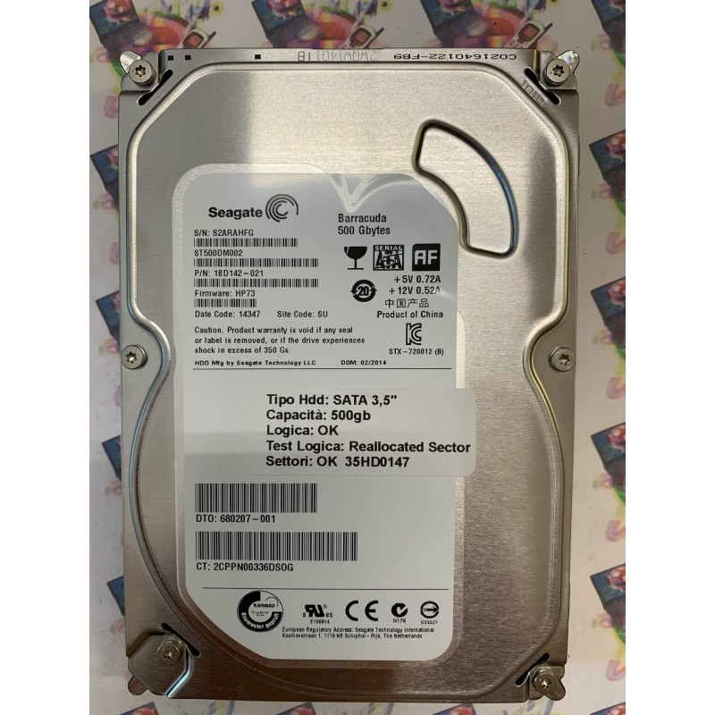 Hard Disk Usato Semifunzionante SATA 3,5" 500gb Seagate ST500DM002 18D142-021 HP73 14347 SU