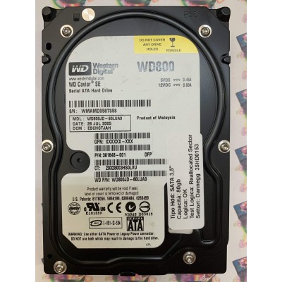 Hard Disk Usato Semifunzionante SATA 3,5" 80Gb WESTERN DIGITAL WD800JD WD800JD-60LUA0 ESCHTJAH 26 JUL 2005