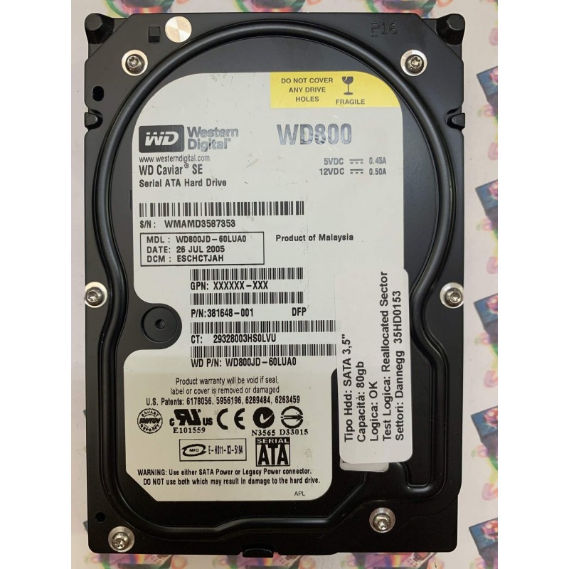 Hard Disk Usato Semifunzionante SATA 3,5" 80Gb WESTERN DIGITAL WD800JD WD800JD-60LUA0 ESCHTJAH 26 JUL 2005