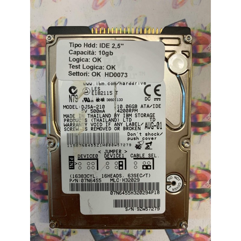 Hard Hard Disk Usato Funzionante 100% Ok IDE 2,5" 10GB IBM DJSA-210 07N6455 H32029 E182115 T AUG-01